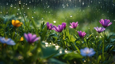 Raindrops on the green grass with purple flowers and yellow crocusの素材