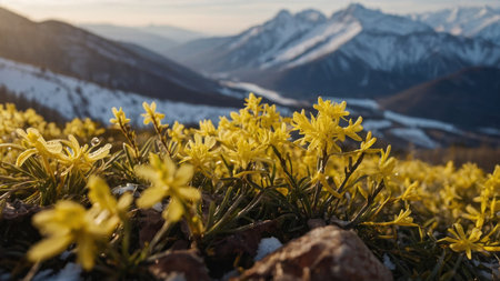 Beautiful yellow flowers in the mountains. First spring flowers in the mountains.の素材