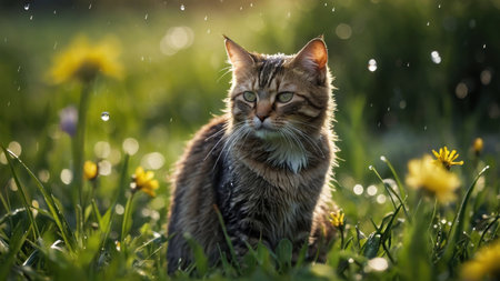 Cute tabby cat sitting in grass with dandelions and raindropsの素材