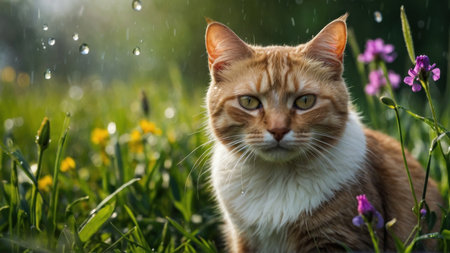 Cute ginger cat with yellow eyes sitting on the grass in the rainの素材