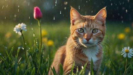 Cute ginger cat sitting on the grass with flowers in the rainの素材