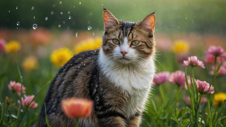 Tabby cat sitting in the garden with tulips and rain dropsの素材