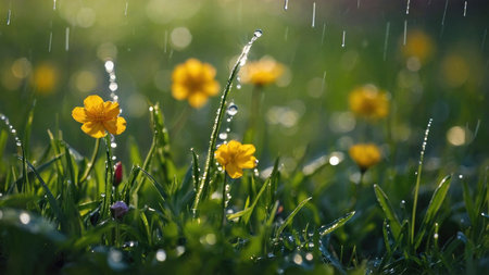 Water drops on a yellow buttercups in the grass. Macroの素材