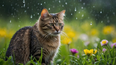 Beautiful tabby cat sitting in the grass in the rain.の素材