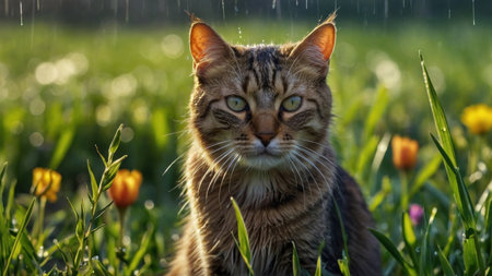 Cute cat sitting in the garden with tulips and rain dropsの素材