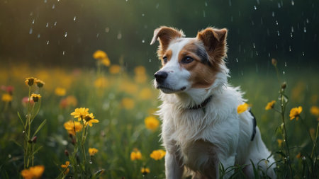 dog in the rain on the meadow with yellow flowers and raindropsの素材