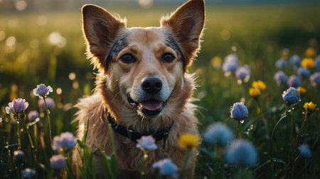 Cute dog in the meadow with flowers in the rays of the setting sunの素材
