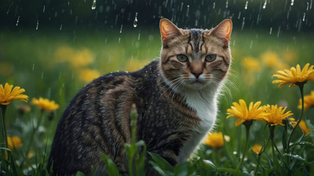 Cute cat sitting in the grass with yellow flowers in the rainの素材