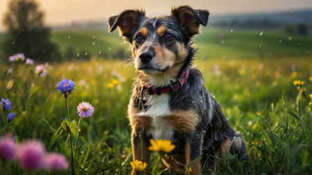 Portrait of a cute dog sitting on the grass in the fieldの素材