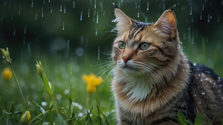 Beautiful cat in the rain on a background of yellow flowers.の素材