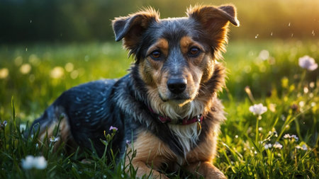 Portrait of cute mixed breed dog lying on green grass at sunsetの素材