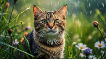 Cute cat sitting in the grass with flowers and rain drops.の素材