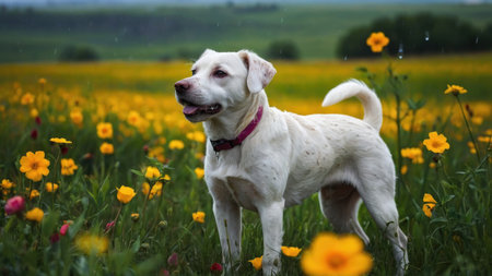 White labrador retriever in a field of yellow flowers with raindropsの素材