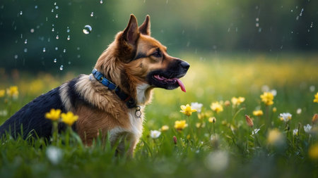 German shepherd in a meadow with daffodils and rainの素材