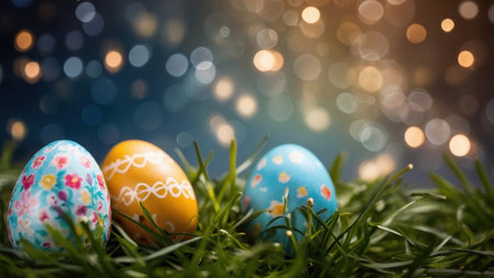 Easter eggs on green grass with bokeh lights background.の素材