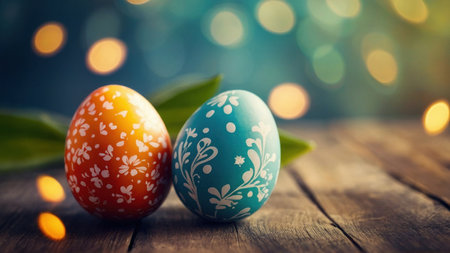 Colorful easter eggs on wooden table with bokeh backgroundの素材