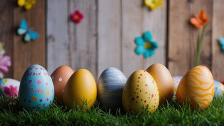 Easter eggs on green grass with flowers and wooden wall background.の素材