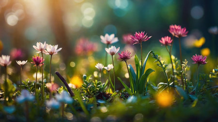 Beautiful spring flowers in the garden at sunset. Nature background.の素材