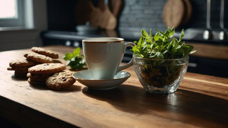 Cup of coffee and cookies on wooden table in kitchen at homeの素材