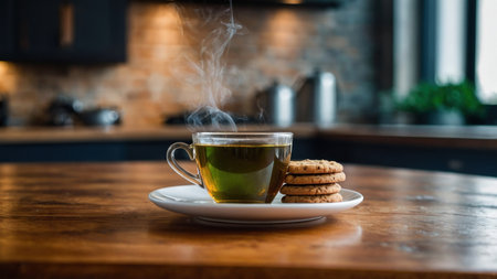 Cup of tea with cookies on a wooden table in the kitchenの素材