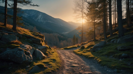 Path in the mountains at sunset. Beautiful landscape of the nature.の素材
