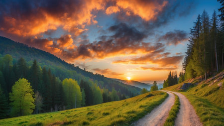 Dirt road in the mountains at sunset. Carpathians, Ukraineの素材