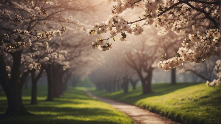 Beautiful blooming cherry tree in spring garden, vintage tonedの素材