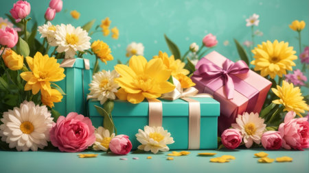 Gift box and bouquet of flowers on turquoise backgroundの素材