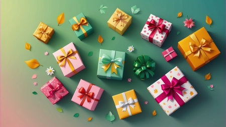 Colorful gift boxes with ribbons on green background. 3d renderingの素材