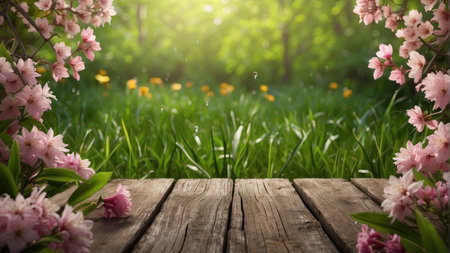 Wooden table with pink sakura flowers in the garden. Spring backgroundの素材