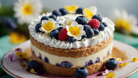 Delicious cake with blueberries and raspberries, closeupの素材