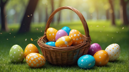 Basket with colorful easter eggs on green grass in park.の素材