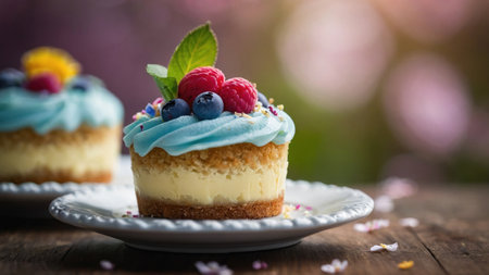 Delicious cupcake with blueberries and raspberries on wooden tableの素材