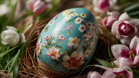 Easter egg in the nest with tulips on a wooden backgroundの素材