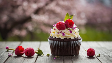 Chocolate cupcake with fresh raspberries and flowers on wooden tableの素材