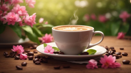 Coffee cup and flower on wooden table with nature background.の素材