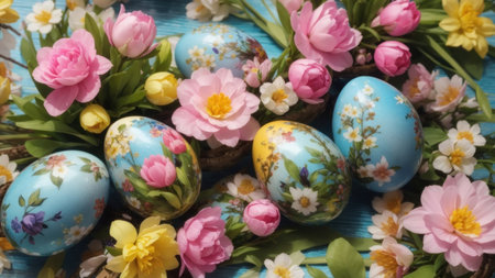 Easter eggs and spring flowers on a blue wooden background. Happy Easterの素材