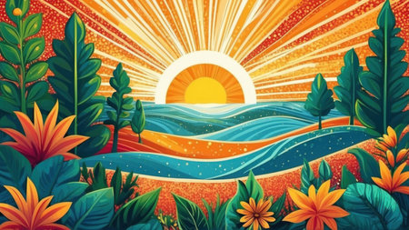 Sunset over the sea with plants and flowers. Vector illustration.の素材