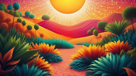 Sunset in the desert. 3D rendering. Computer digital drawing.の素材