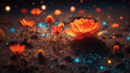 3d render of a lotus flower in the ground with light effectの素材