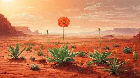 Flowers in the desert at sunset. 3d render illustration.の素材