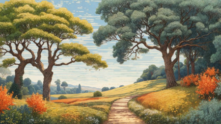 Digital painting of a rural road through a field with trees and flowersの素材