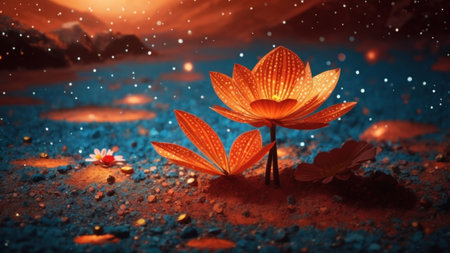3d illustration of a red lotus flower in the desert at sunsetの素材