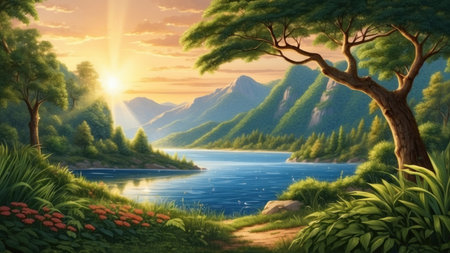 Beautiful fantasy landscape with lake and mountains - illustration for children.の素材