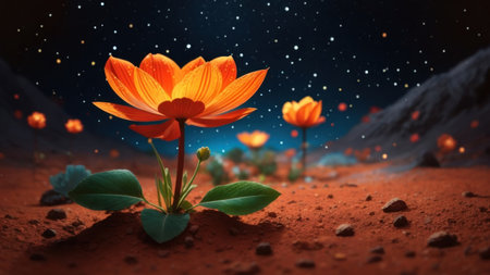 3d illustration of an orange flower in the space with stars and planetsの素材