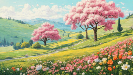 Spring landscape with blooming meadow and pink flowers. Digital painting.の素材