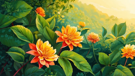 Beautiful orange and yellow dahlia flowers on the background of green leaves.の素材