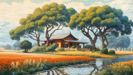 Landscape painting in Chinese style with yellow flower garden and templeの素材