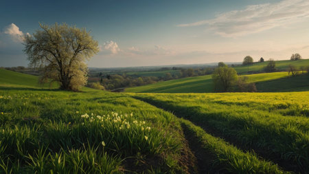 Panoramic view of the green fields and trees at sunset.の素材