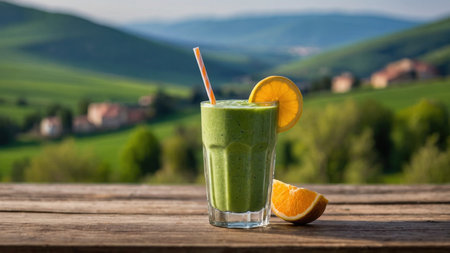Healthy green smoothie with orange on wooden table in Tuscany, Italyの素材